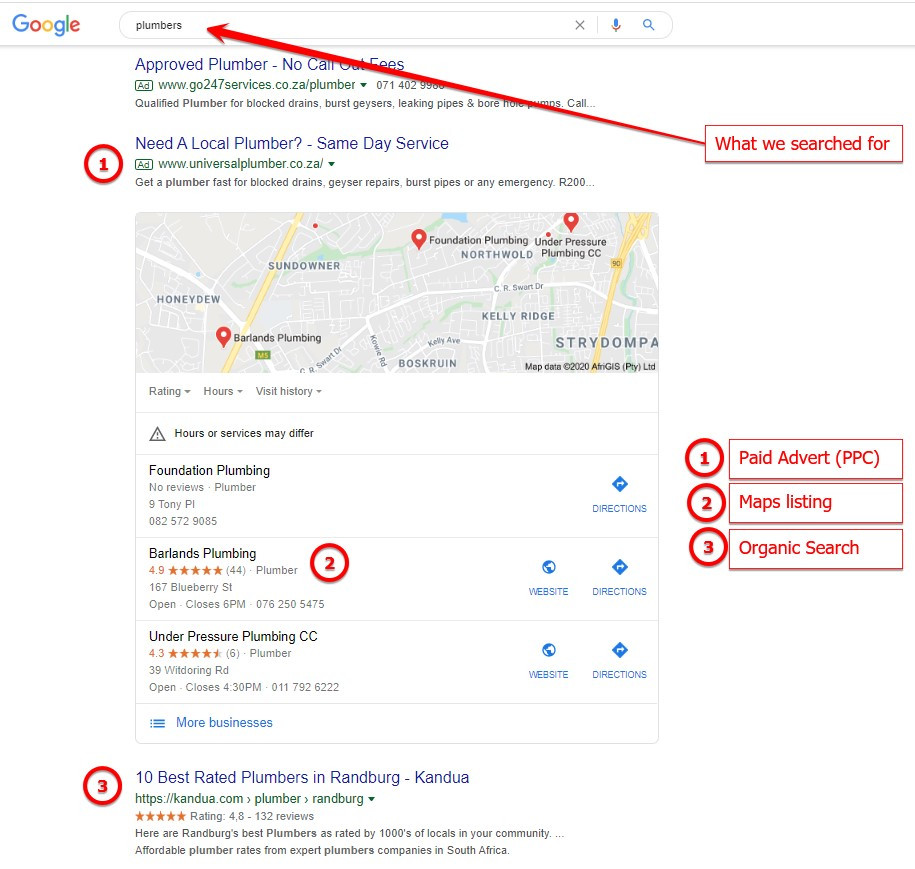 Example of a search page & search results